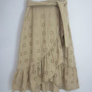 Ann Taylor Womens 8 Beige Cotton Eyelet Embroidered Faux Wrap Midi Skirt Cottage